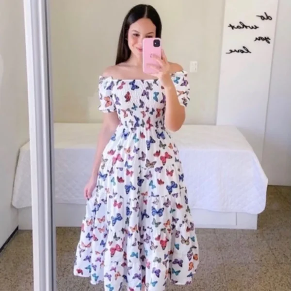 Elegant Women S Off Shoulder Midi Dress 2024 Summer Fashion Dresses High Waist Flower Print Short 1.webp