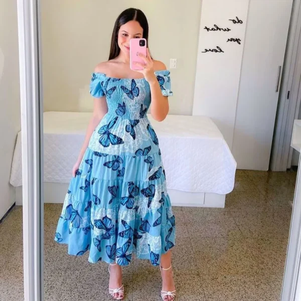 Elegant Women S Off Shoulder Midi Dress 2024 Summer Fashion Dresses High Waist Flower Print Short 3.webp