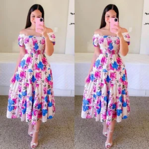 Elegant Women S Off Shoulder Midi Dress 2024 Summer Fashion Dresses High Waist Flower Print Short.webp