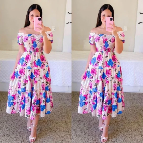 Elegant Women S Off Shoulder Midi Dress 2024 Summer Fashion Dresses High Waist Flower Print Short.webp