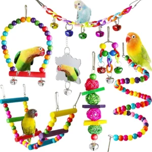 7pcs Pack Wood Parrot Toys Bird Toy Cage Bird Accessories Swing Suspension Bridge Ball Cage Bells.webp