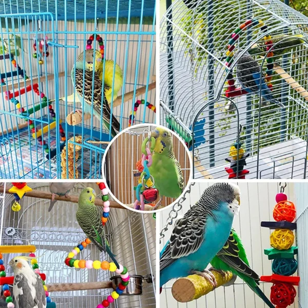 7pcs Pack Wood Parrot Toys Bird Toy Cage Bird Accessories Swing Suspension Bridge Ball Cage Bells 5.webp